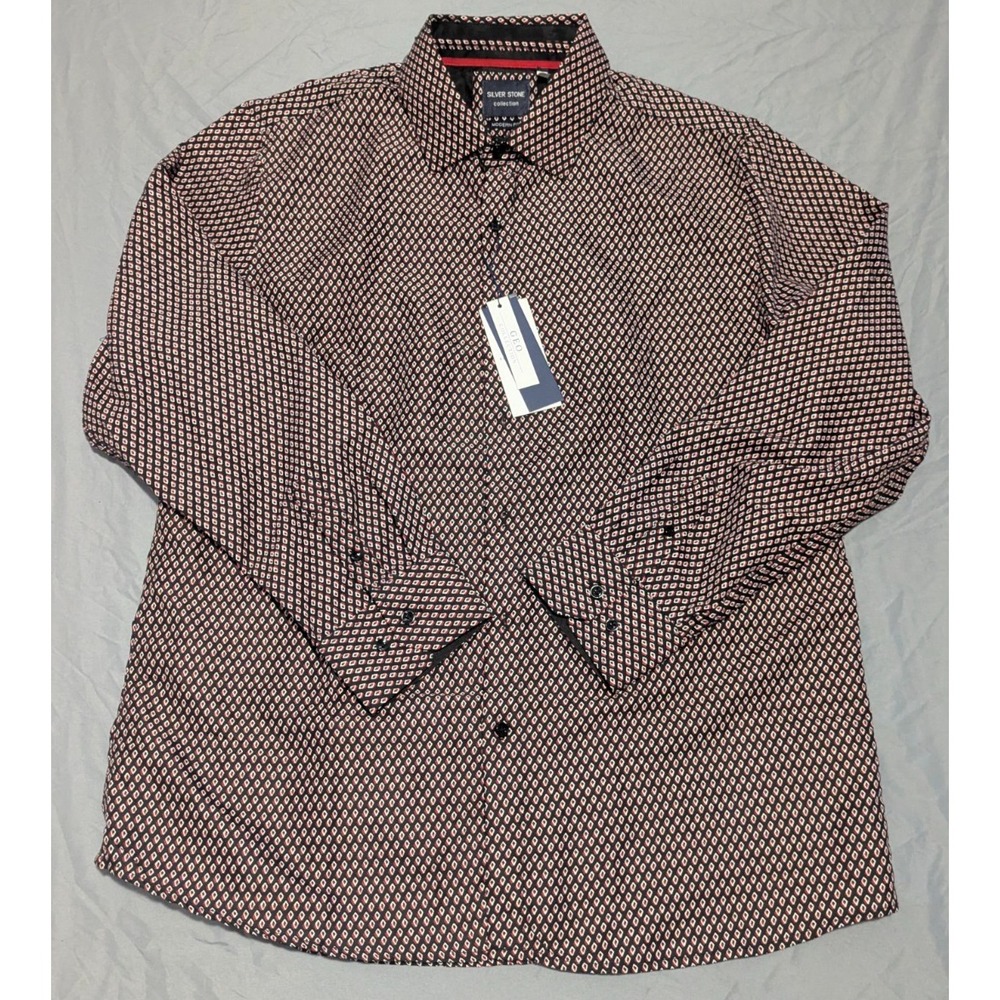 NEW Silver Stone Mens Modern Fit Long Sleeve Button Up Red Geometric Shirt 3XL